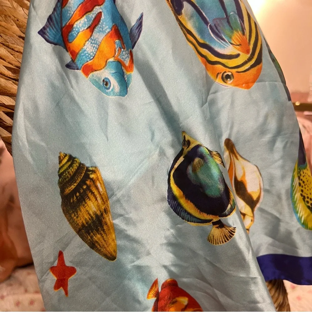 100% Silk Colorful Fish Print Vintage Scarf - Picture 5 of 9